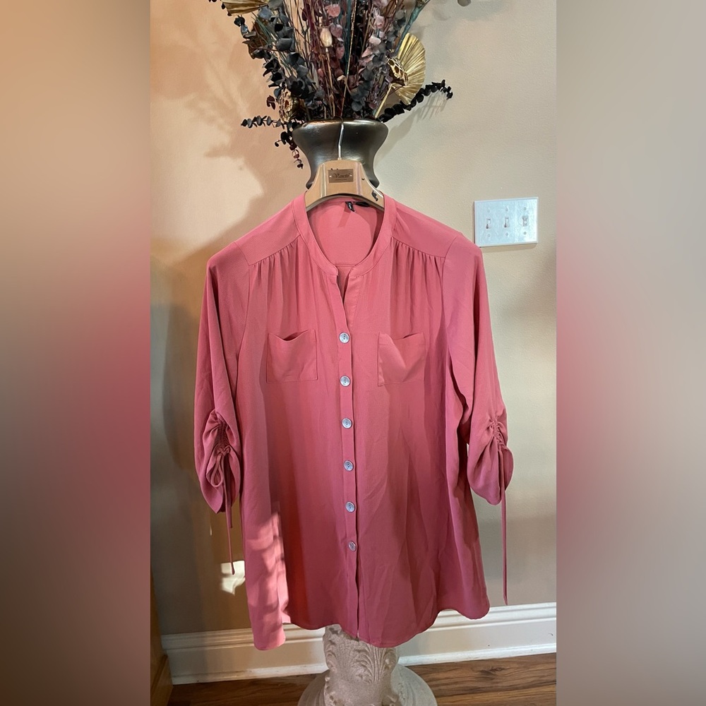 PLUS SZ 3X NEW DIRECTIONS 3/4 ruched sleeves w ties front pockets Dusty Rose EUC